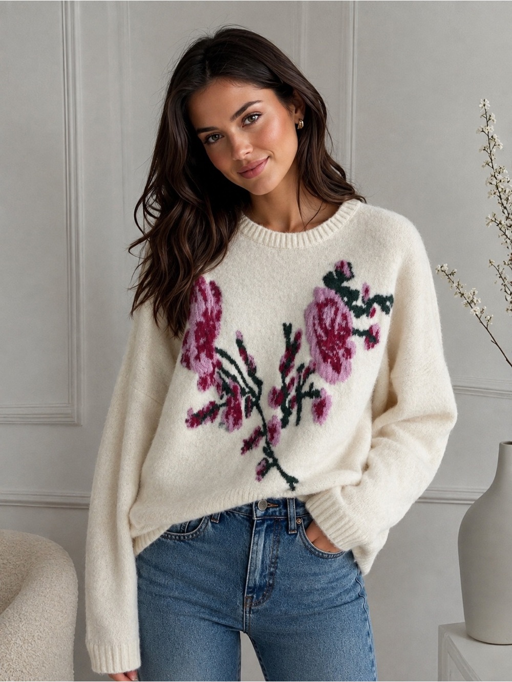 Ted Baker London Cream Floral Crewneck Sweater XL Wool Alpaca Blend NWT